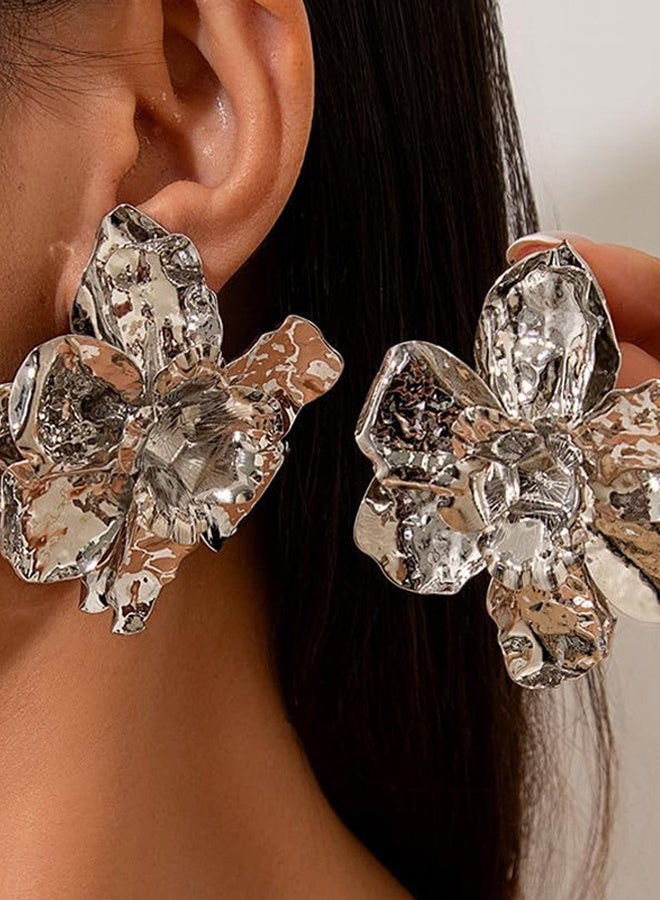 أقراط زهرة كبيرة فنتاج فضية مطلية بالذهب للنساء فاخرة مع علبة هدايا وحقيبة مخملية للحفل اليومي - Image 3